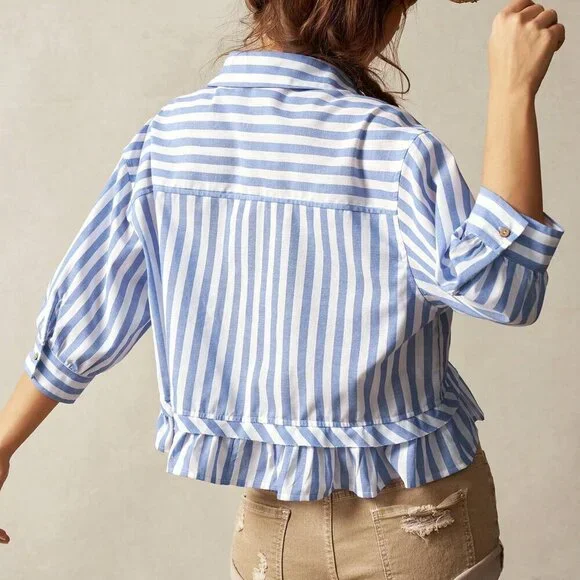 Blue white Casual Women's Vacation Striped Collared 3/4 Sleeve Ruffle top - Picture 3 of 7